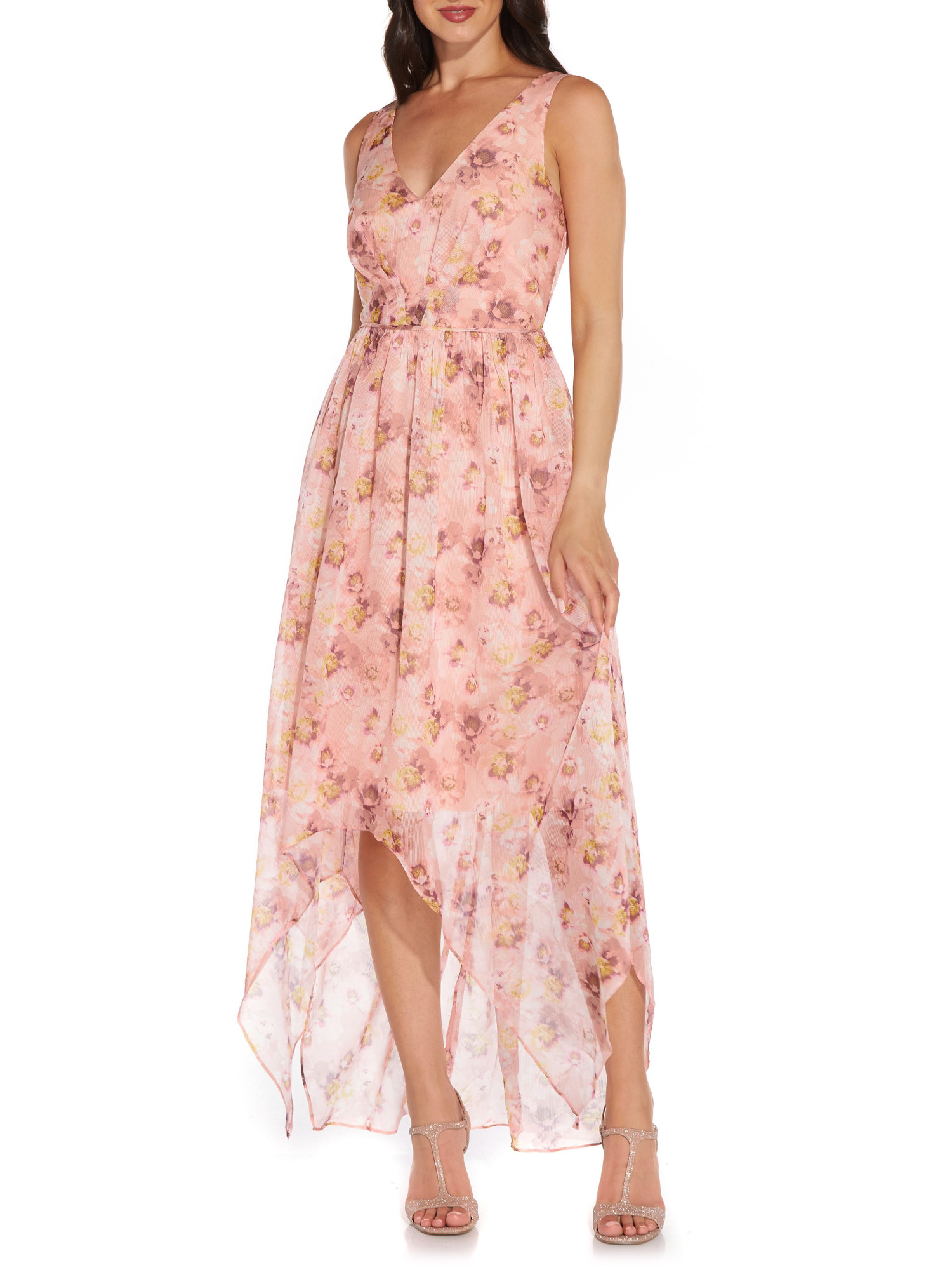 ADRIANNA PAPELL Womens Coral Zippered Tie High To Low Hem Floral Sleeveless V Neck Maxi Party Empire Waist Dress 14