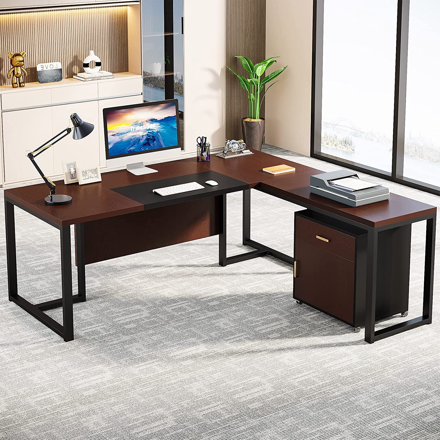 Tribesigns 70.8” L-Shaped Executive Desk with File Cabinet, Large Executive Office Desk with Removable File Cabinet
