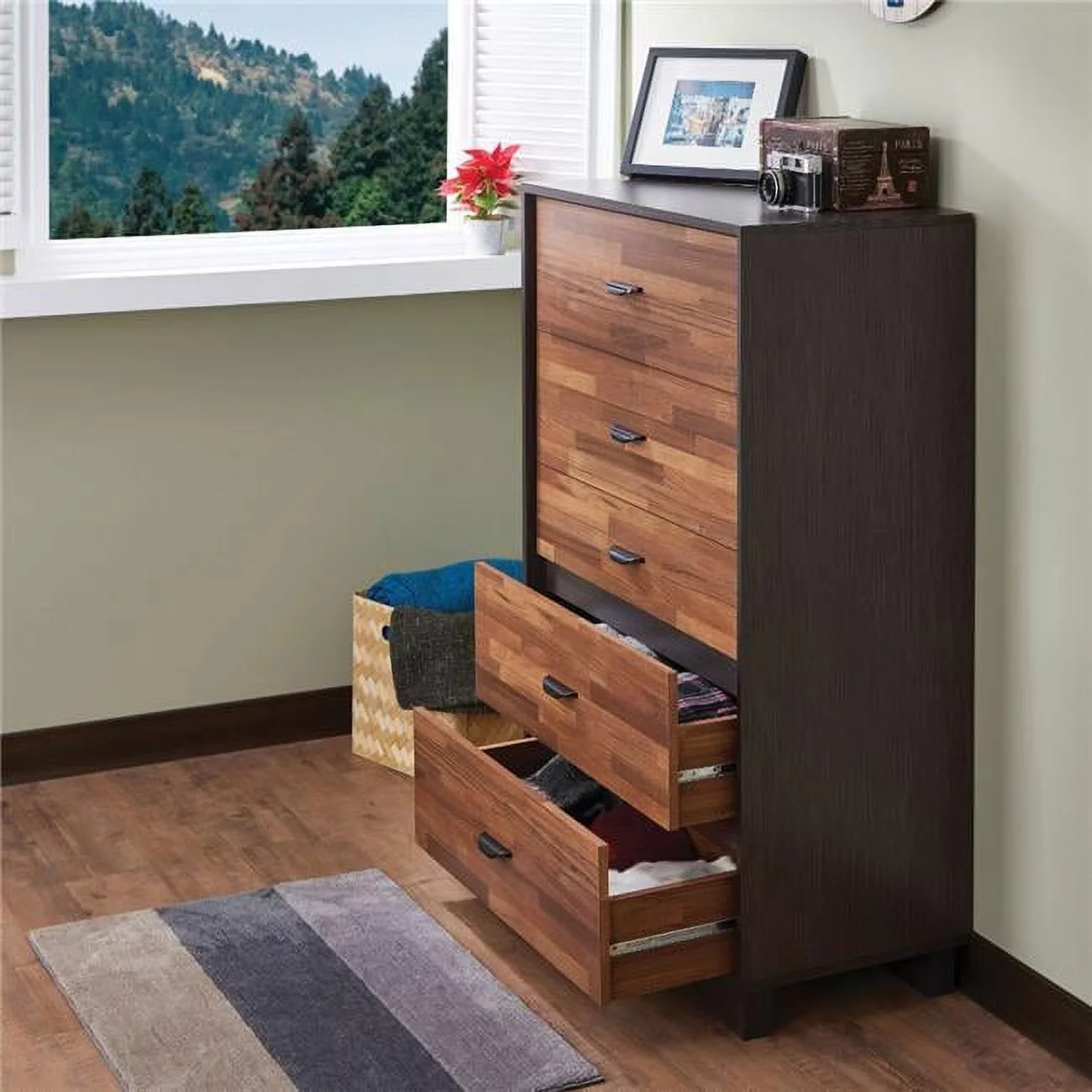 Benzara BM163644 Wooden Chest with 5 Drawers, Walnut & Espresso Brown