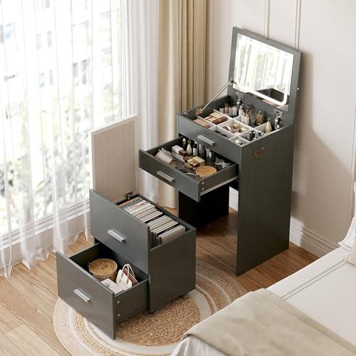 Compact Vanity with 3 Drawers, 3 in 1 Vanity Desk, Makeup Desk with Flip-up 3 Colors Lighting Mirror and Cushioned Stool