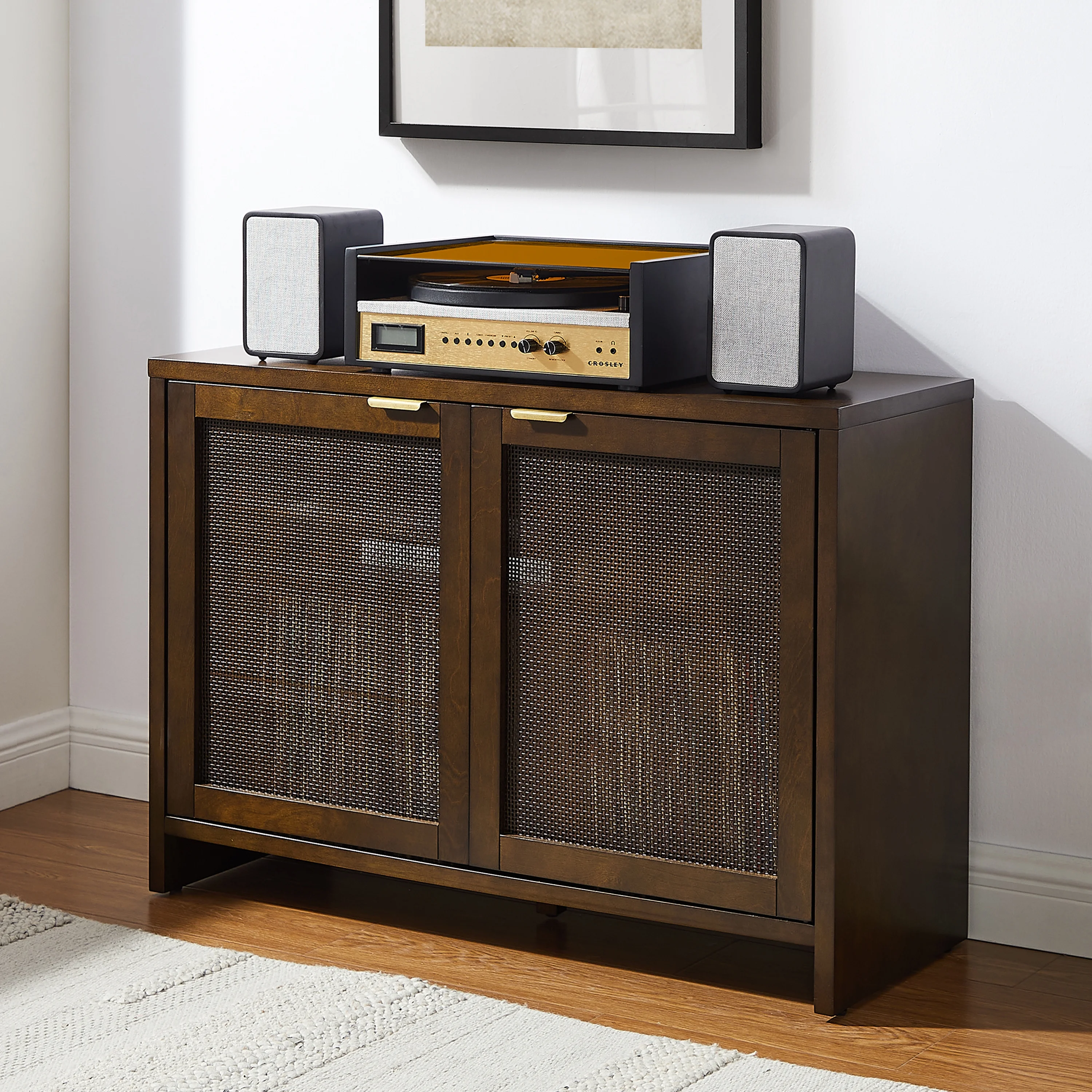 Crosley Furniture Kenji Media Console, Record Player Stand with Vinyl Storage, Modern Home Organizer - Radiant Selections