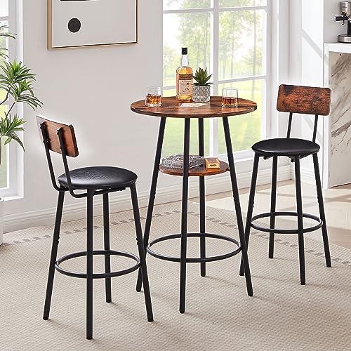 3-Piece Bar Table and Chairs Set for 2, Small 2-Tier Round Bistro Pub Dining Table & PU Upholstered Stools with Backrest