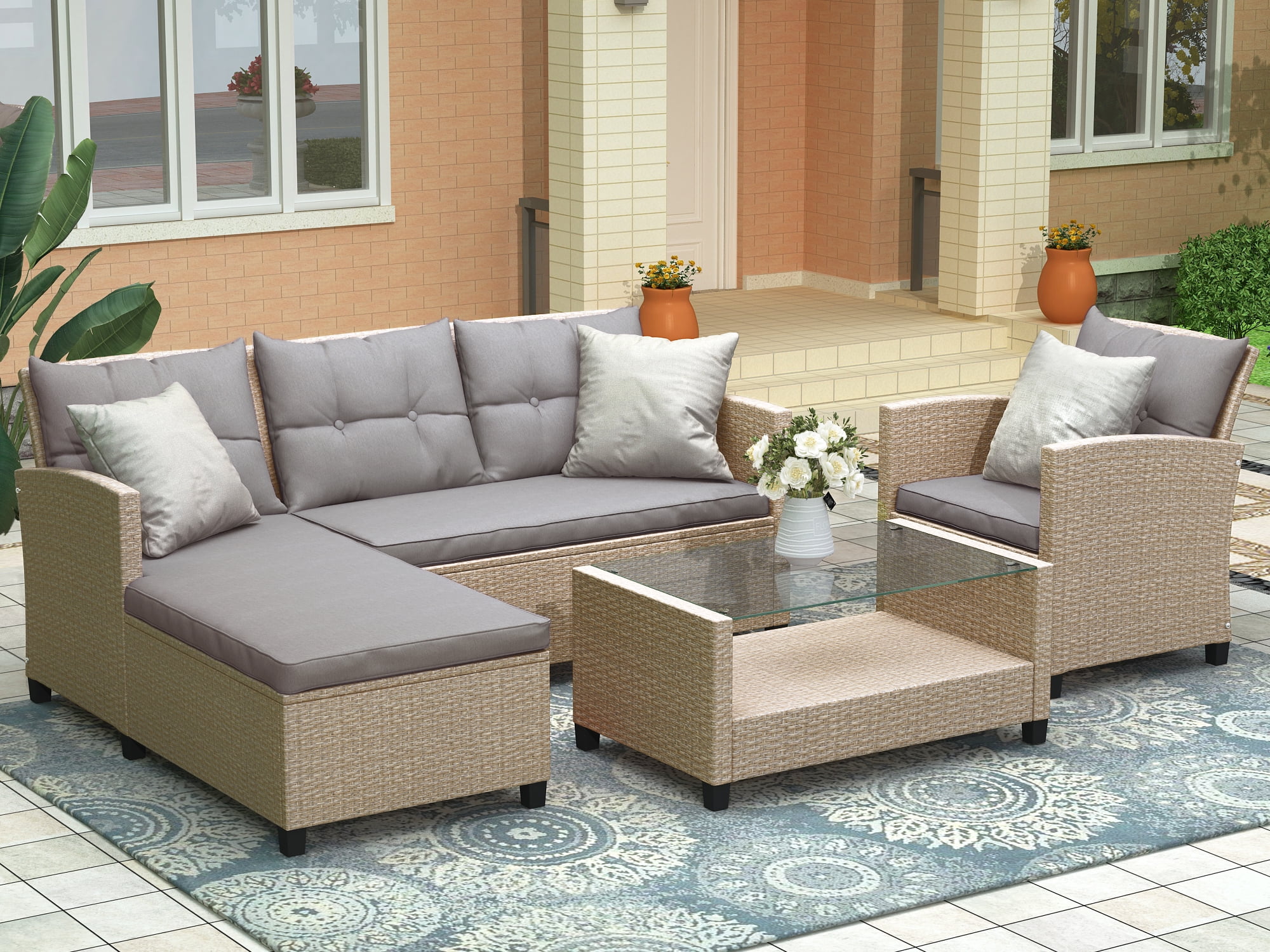 4 Piece Patio Sectional Sofa Set, Outdoor Conversation Set, All-Weather Wicker Sectional Seating Group with Cushions & Coffee Table