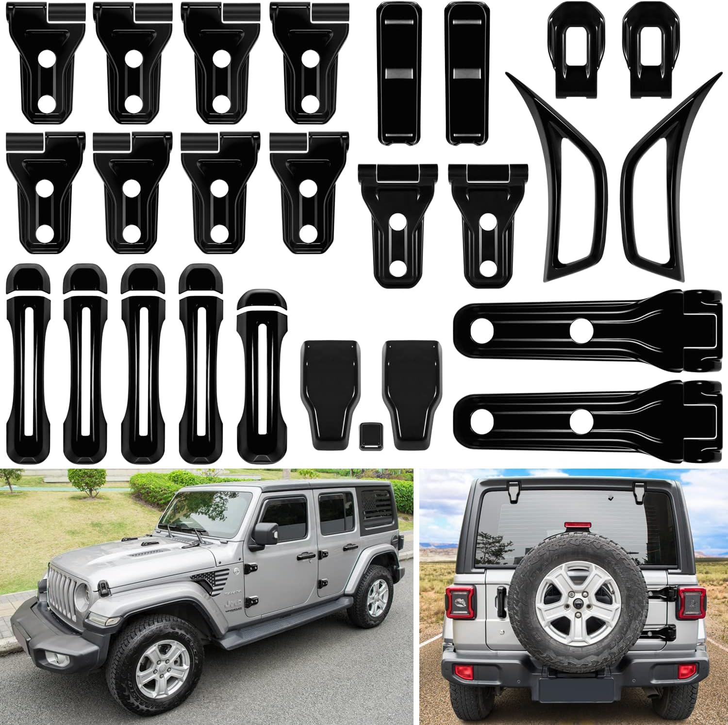 26PCS Full Set Exterior Decoration Trim Kit for Jeep Wrangler JL JLU 2018-2022 Door Hinge Handle Engine Hood Hinge Hood Latch Wheel Eyebrow Side Air