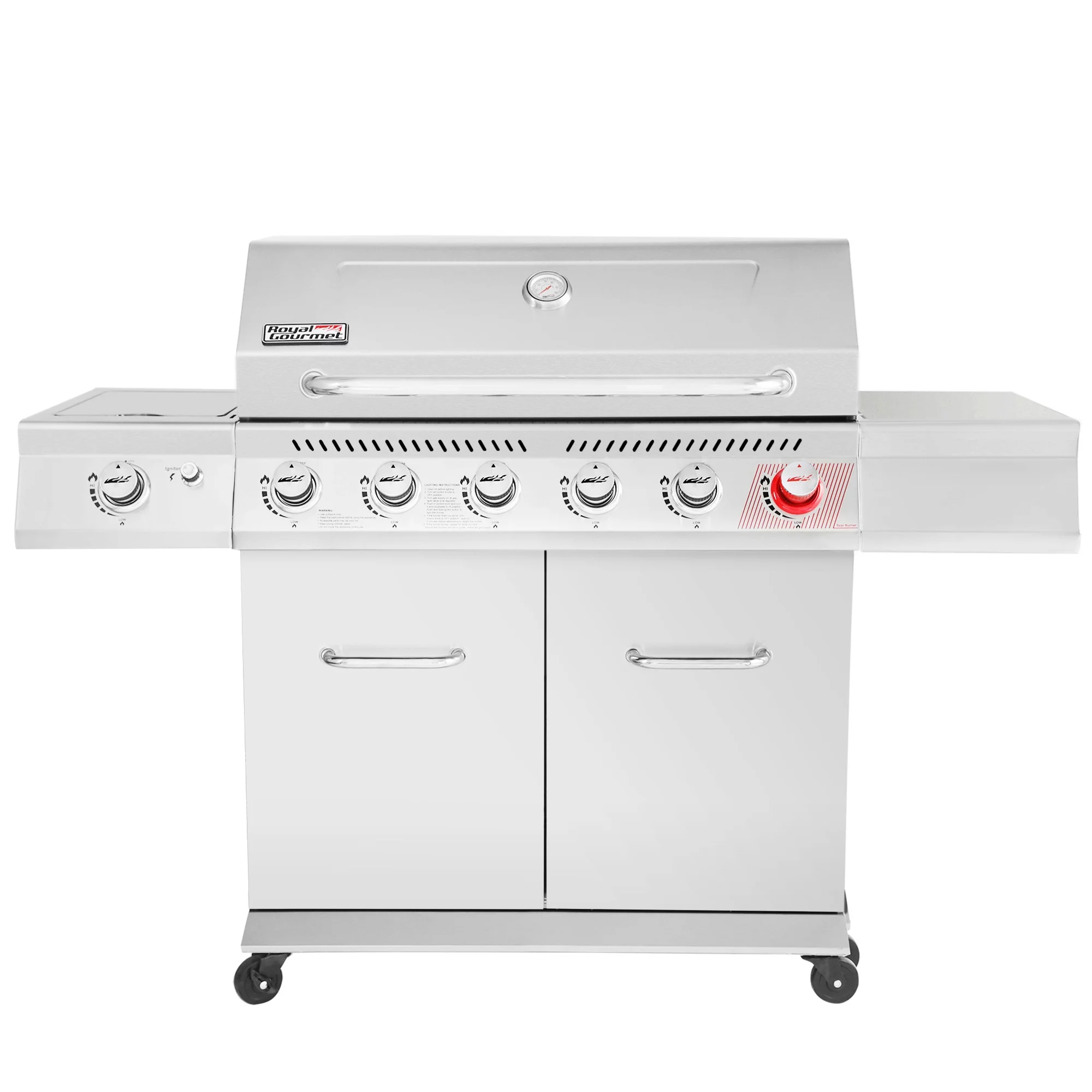 Royal Gourmet GA6402S Stainless Steel Gas Grill, Premier 6-Burner BBQ Grill with Sear Burner and Side Burner, 74,000 BTU, Cabinet Style