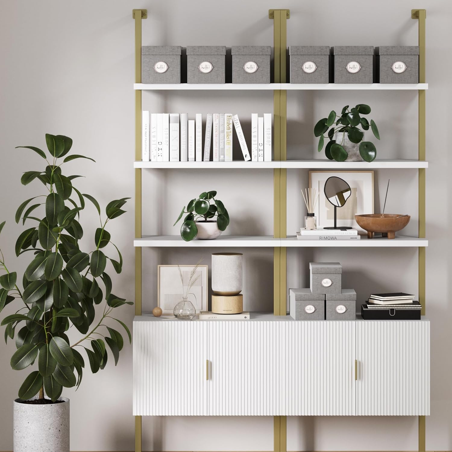 Nathan James Theo Mid-Century Modern Bookcase with Cabinet Fluted Texture, White Open Shelves and Brass Metal Frame Living Room, Home Office Storage