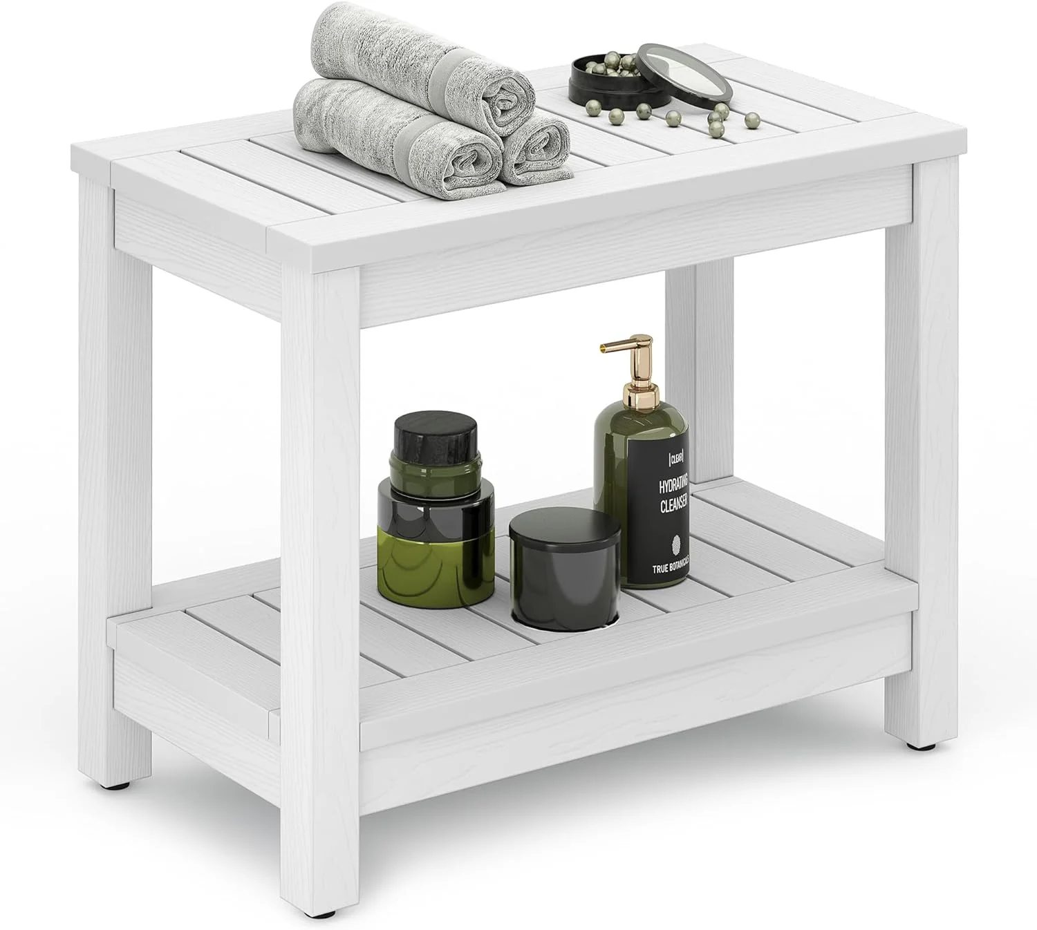 RUO Poly Lumber Shower Bench, Shower Stool with Storage Shelf, Water Resistant & Non Slip Design Shower Seat