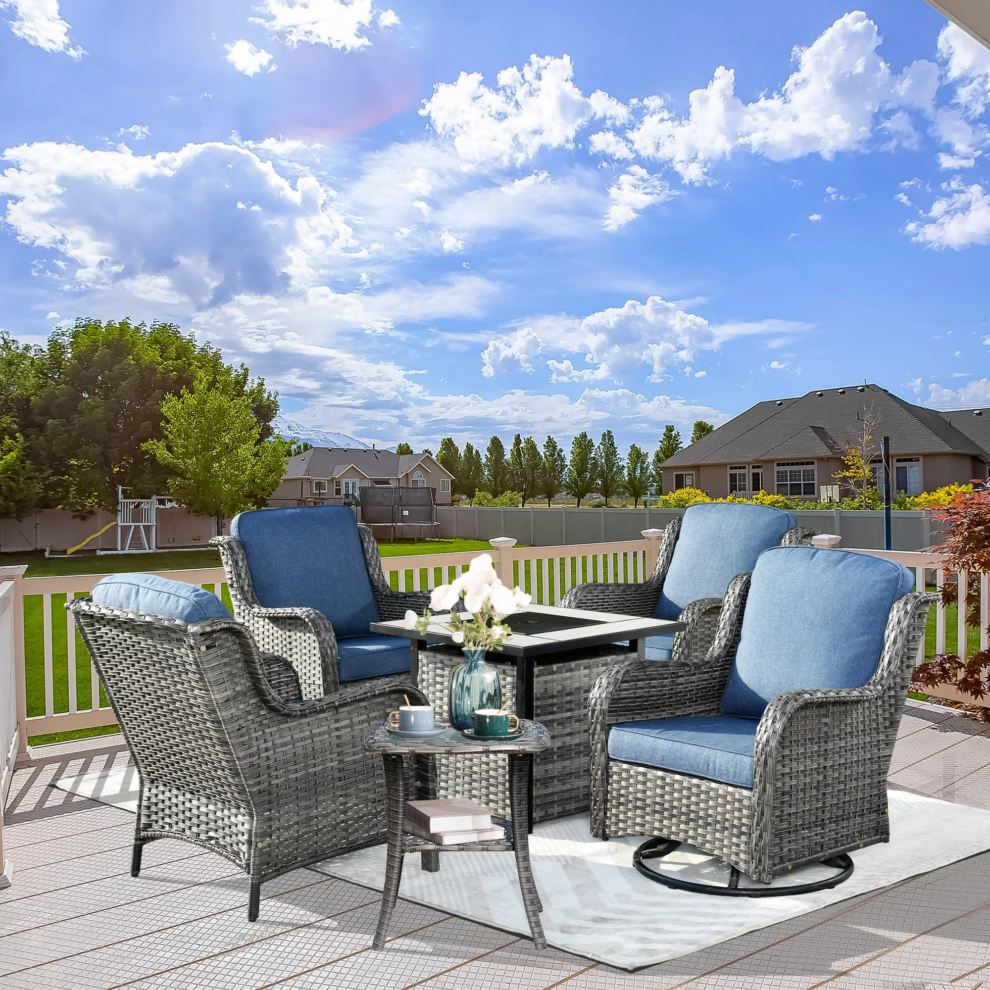 Ovios 6 Pieces Fire Pit Table Set Outdoor Patio Furniture with 30" Gas Fire Pit Table Gray Conversation Set with Swivel Rocking Chair