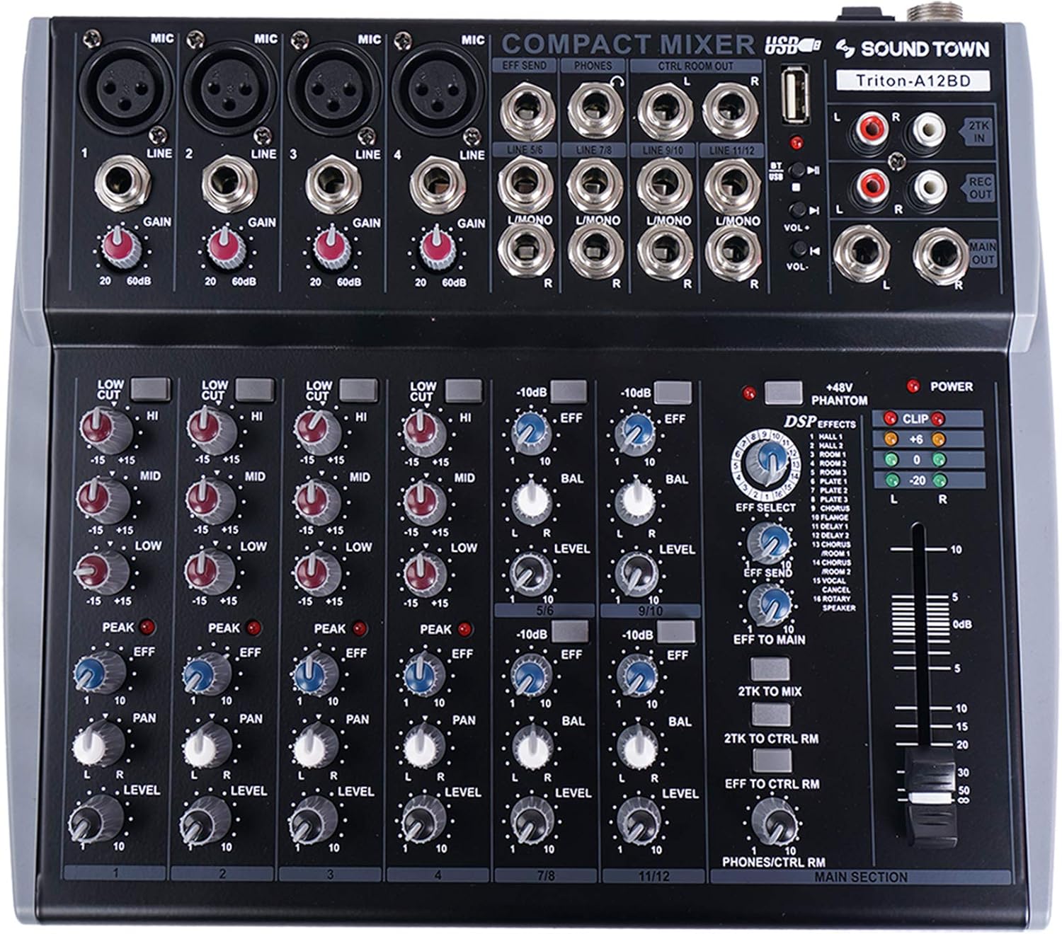 Sound Town Professional 12-Channel Audio Mixer with USB interface, Recording, EQ, Bluetooth, DSP and 48V Phantom (TRITON-A12BD)