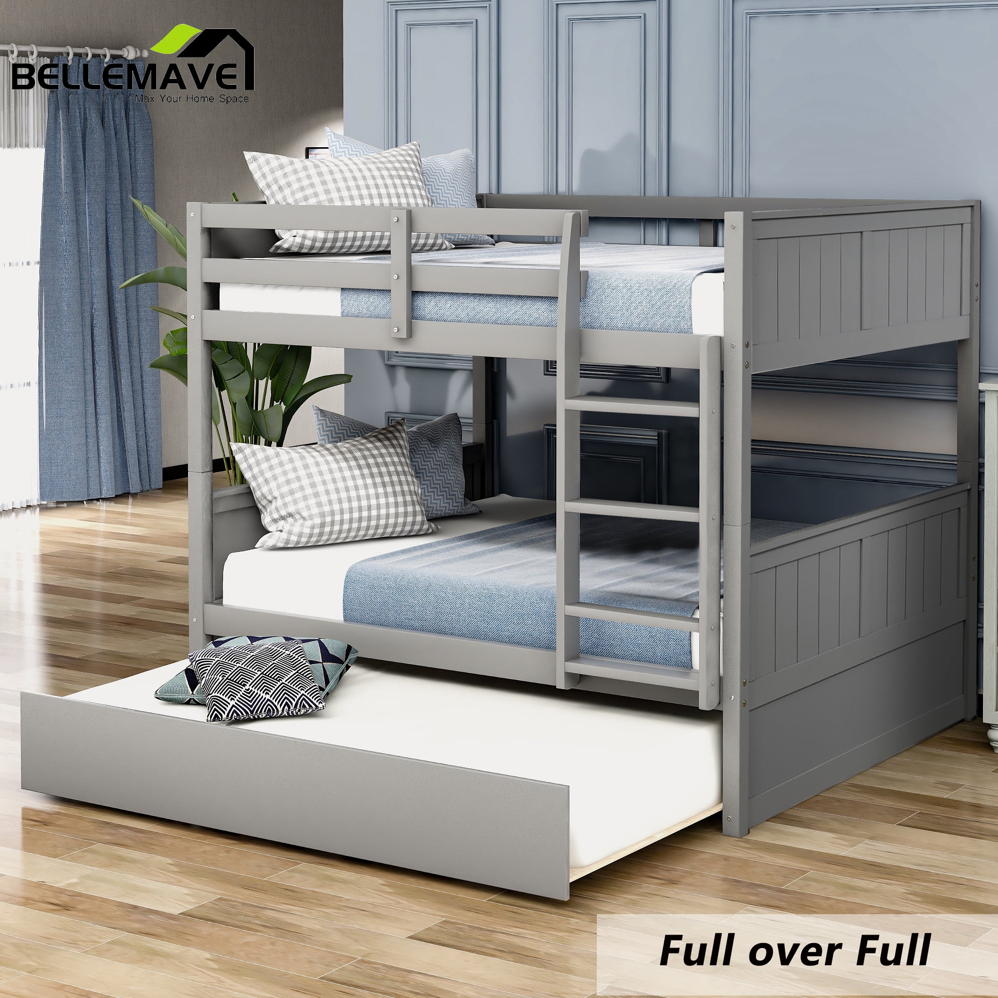 BELLEMAVE Full Over Full Bunk Bed, Wood Bunk Bed Frame with Twin Trundle, Fence Shaped Guardrails, Ladder, Headboard, Convertible into 2 Bed