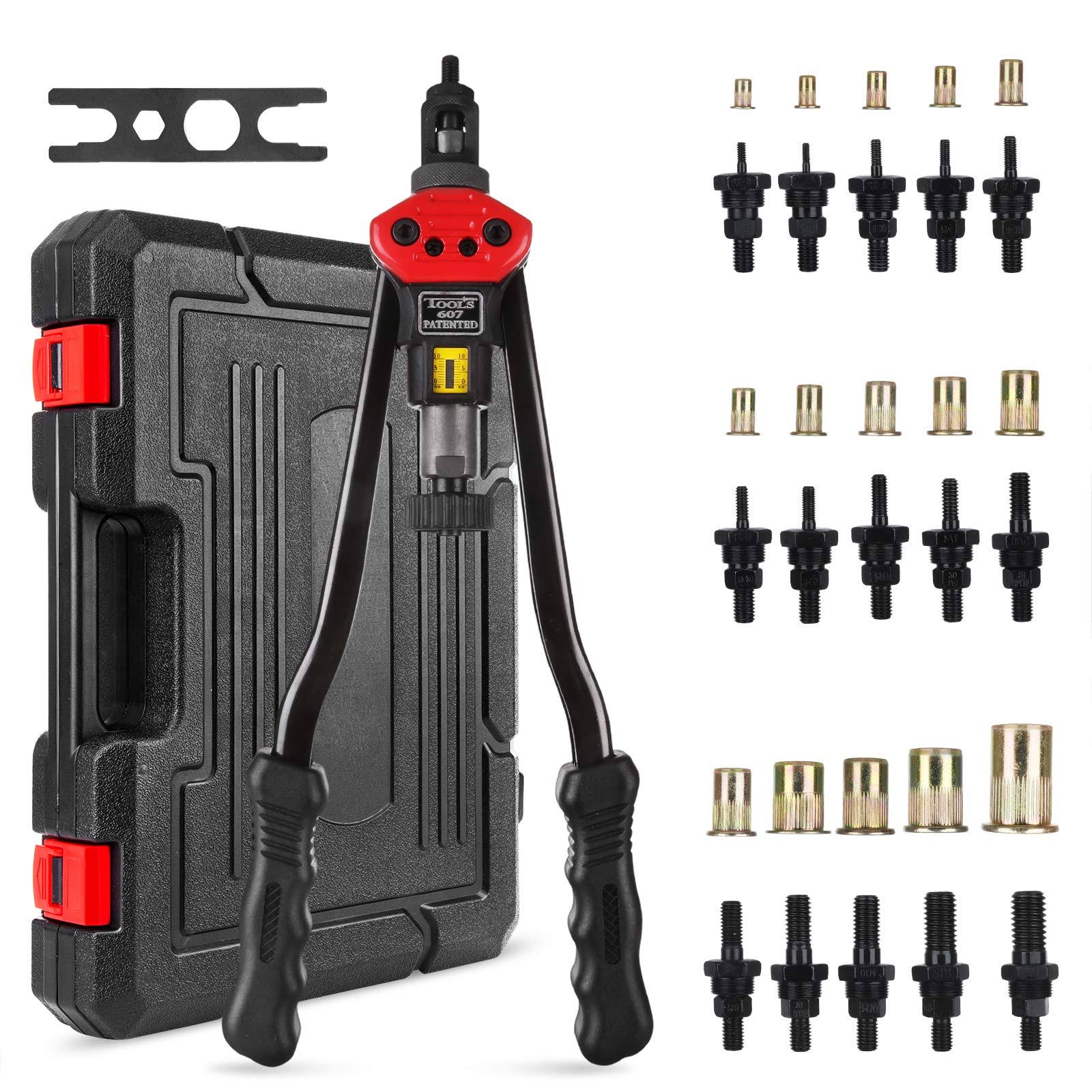 Teshong 16”Hand Rivet Nut Tool, Professional Rivet Nut Setter Kit with 15pcs Metric u0026 inch Mandrels,150PCS Rivet Nuts, Sturd