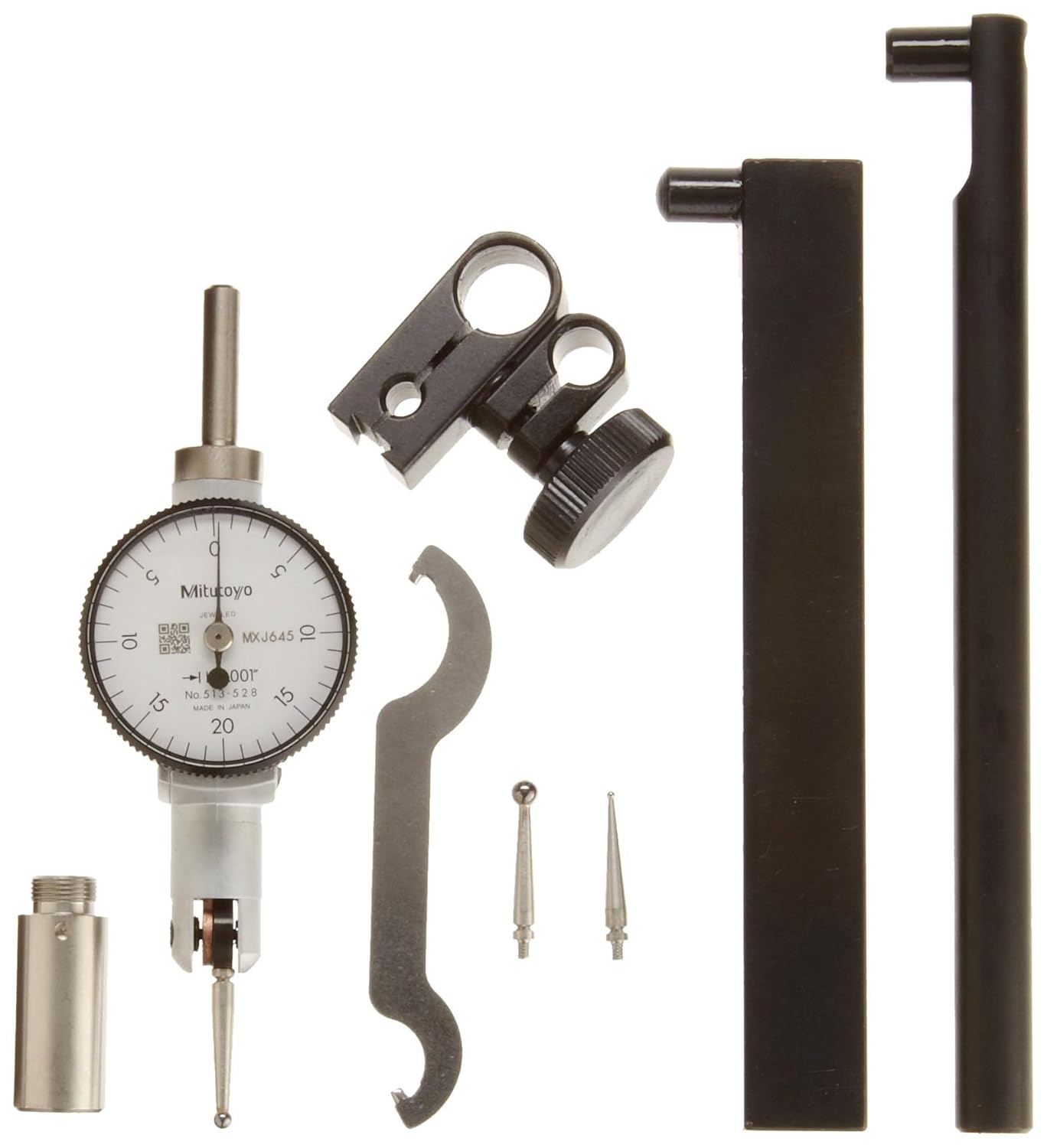 Mitutoyo 513-528T Pocket Type Dial Test Indicator, Full Set, Horizontal Type, 0.375 Stem Dia., White Dial, 0-20-0 Reading, 1.3 Dial Dia.