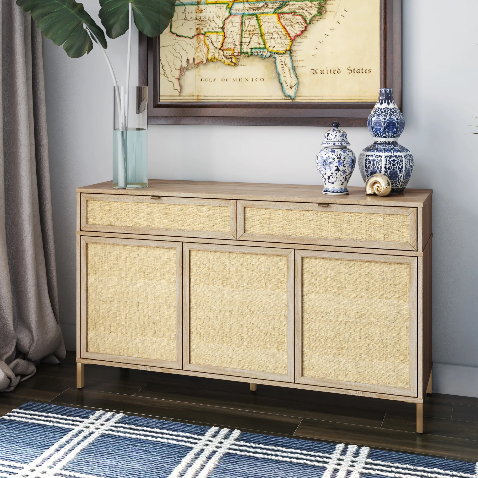 Twin Star Home 52" Sideboard with Drawers and Linen-style Accents