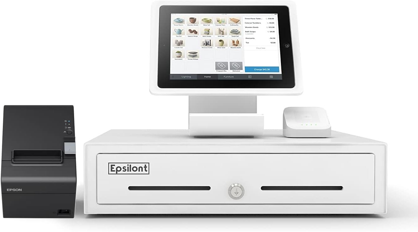 SQUARE POS REGISTER HARDWARE KIT- Stand for iPad 10.2" & 10.5", Chip Reader and Dock, USB Direct Thermal Printer and Epsilont Cash Drawer