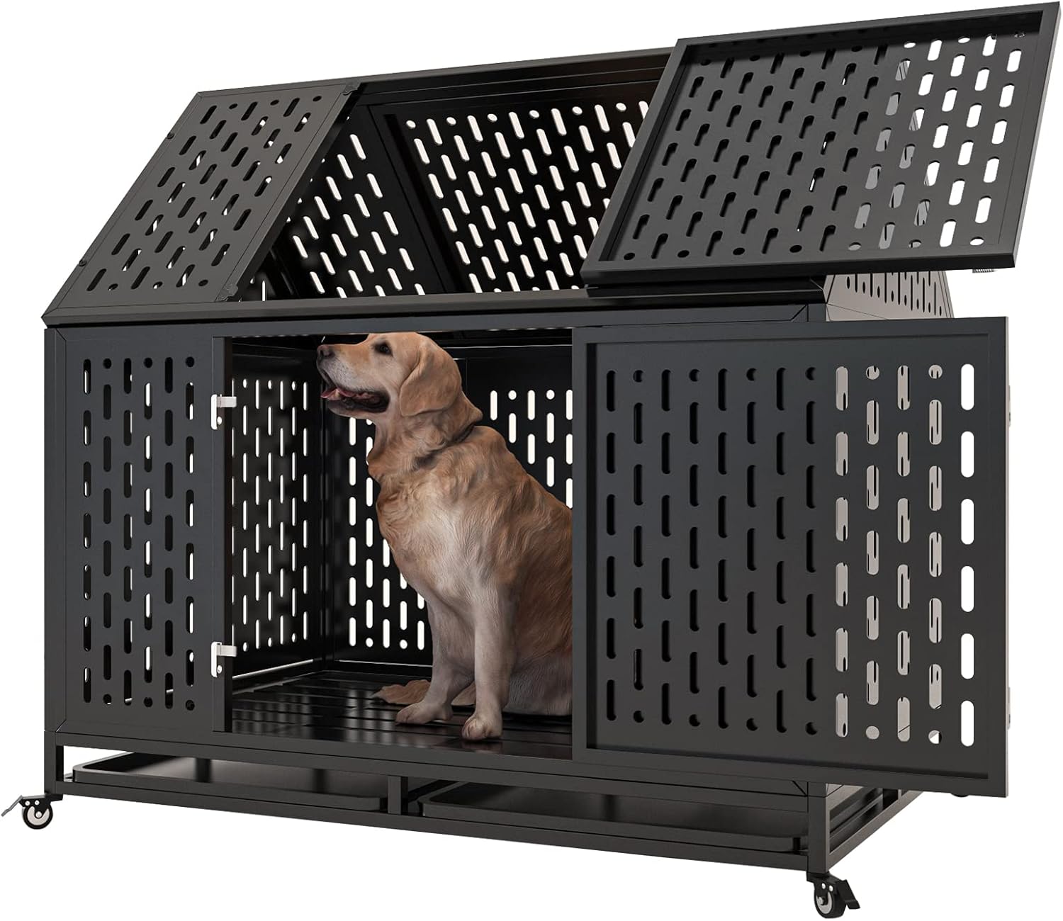 45 inch Heavy Duty Dog Crate with Locking Latch, Large Kennel with Pointed Roof, Indestructible and Escape-Proof Pet Cage for High Anxiety Dogs