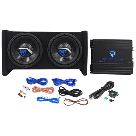 Rockville RV8.2A 800 Watt Dual 8x22 Car Subwoofer Enclosure+Mono Amplifier+Amp Kit