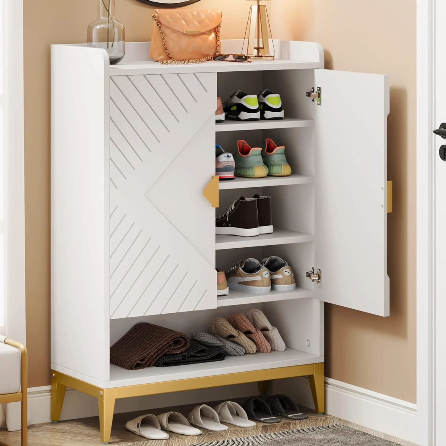 Tribesigns 25 Pair Shoe Storage Cabinet with Adjustable Shelves,Shoe Cabinet with Doors,6-Tier Modern Wooden Shoe Rack Organizer Cabinet for Entryway