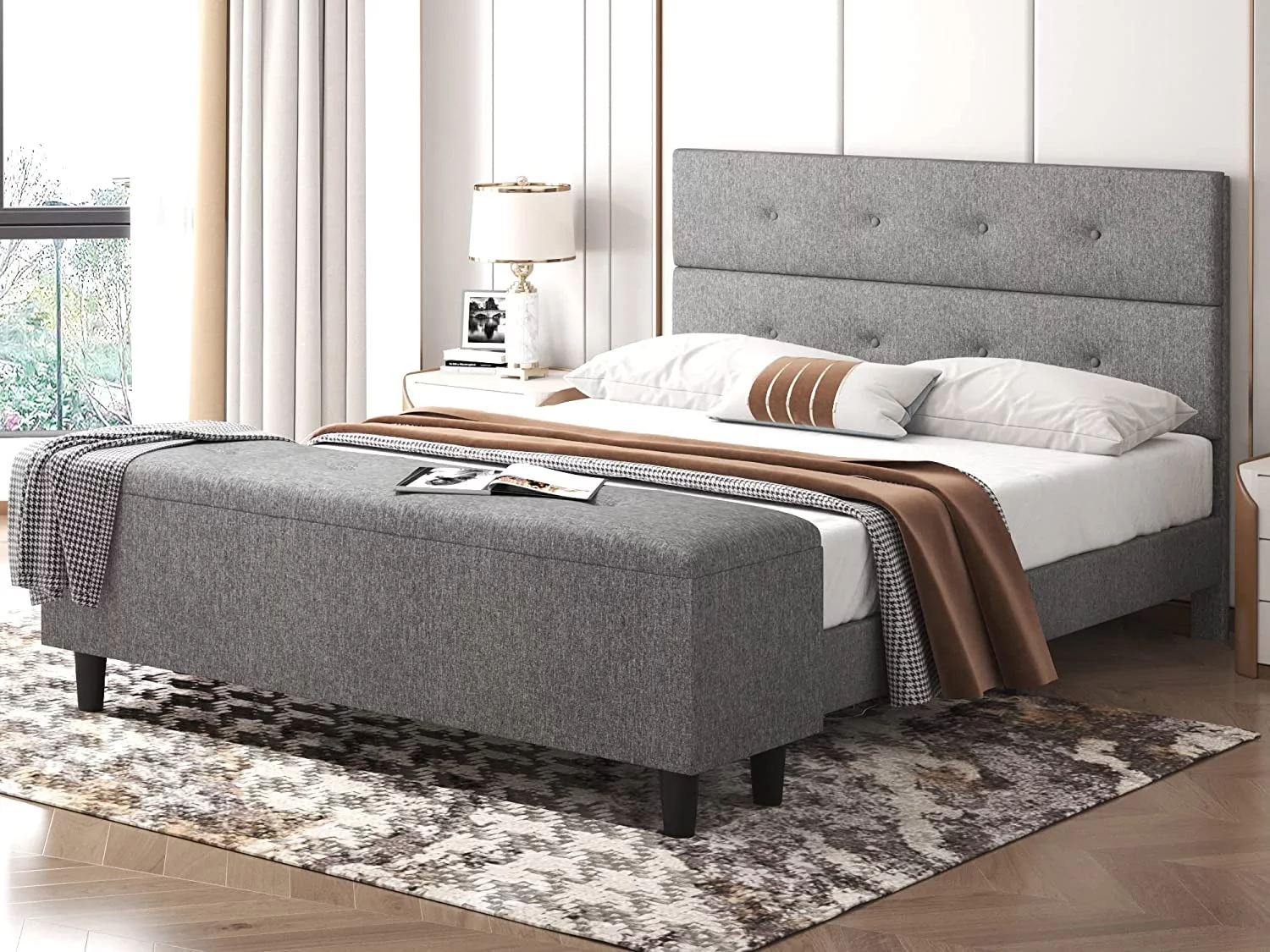 SHA CERLIN Queen Platform Bed Frame with Storage Ottoman Bench & Headboard, Gray, Adults