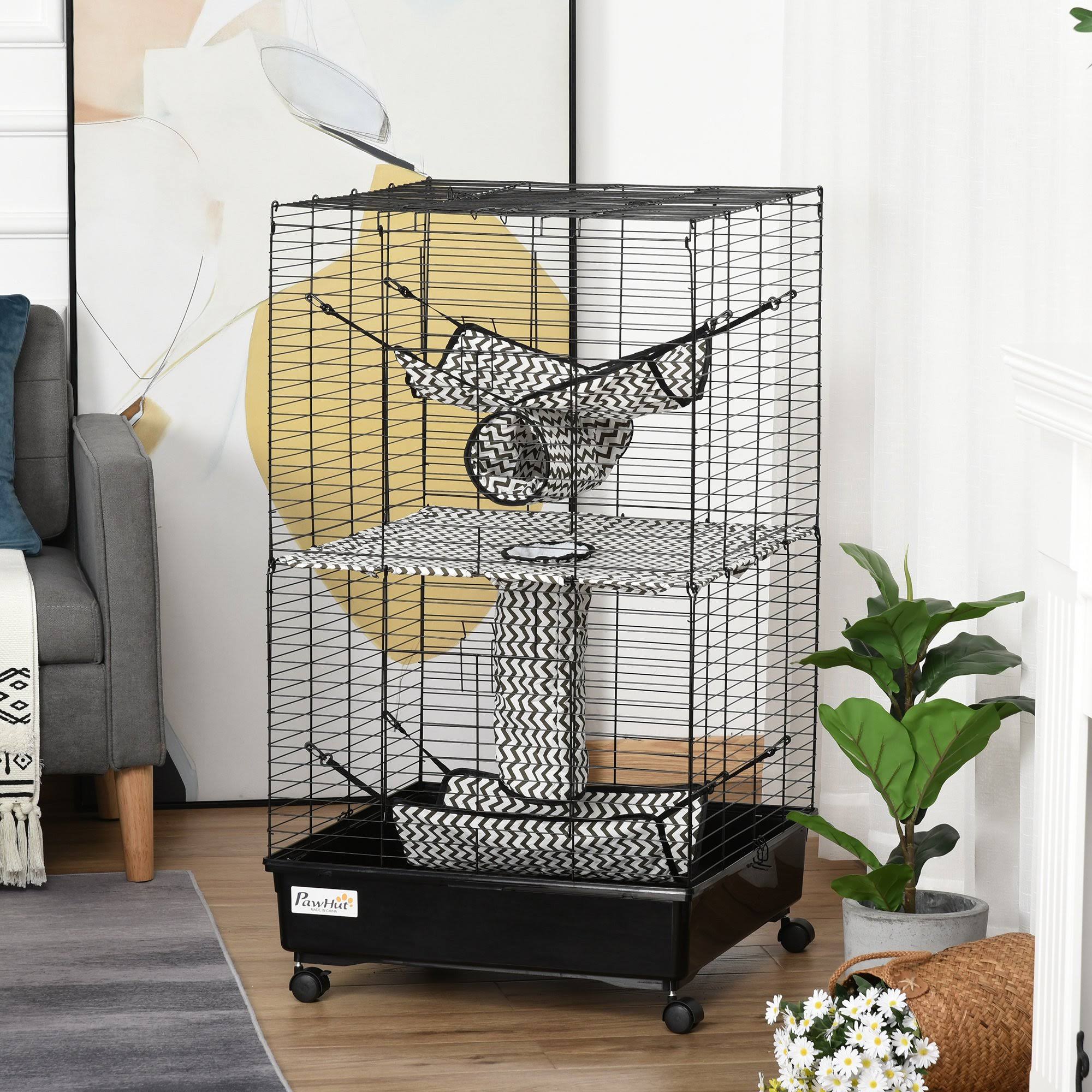 Pawhut Small Animal Cage Habitat Pet Play House for Ferret with Wheels Hammocks Tunnels