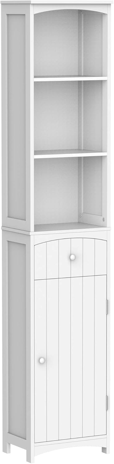 HOMCOM 67 Tall Bathroom Storage Cabinet, Freestanding Linen Tower with 3-Tier Shelf, Drawer and Cupboard, Narrow Side Floor Organizer, White