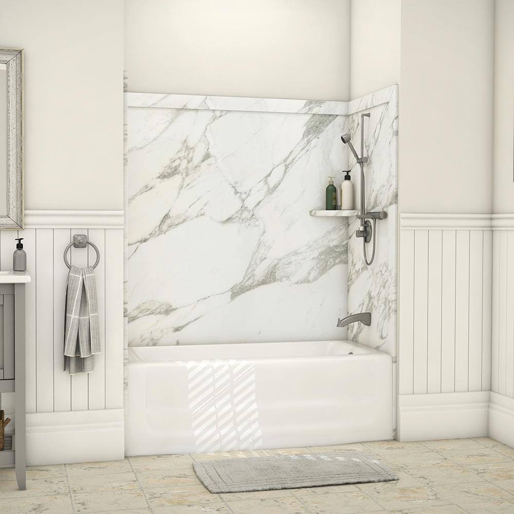 FlexStone Elite 32 in. x 60 in. x 60 in. 9-Piece Easy Up Adhesive Alcove Tub Surround in Calcutta Gold