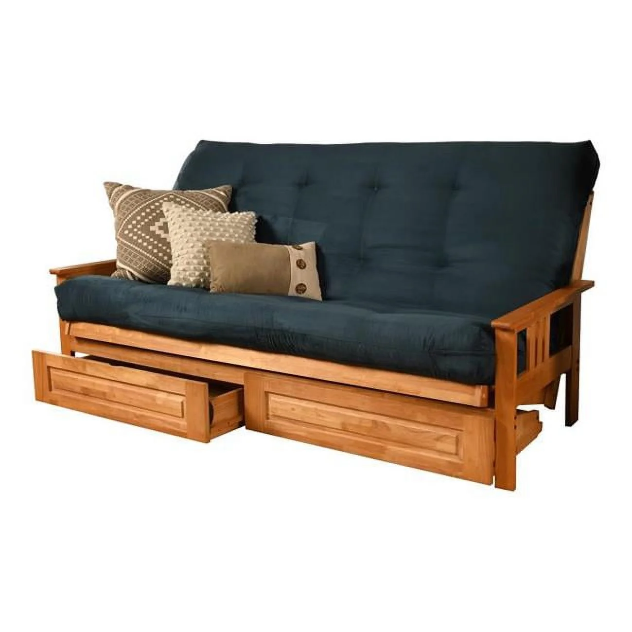 Monterey Butternut Futon Frame with Suede Navy Mattress & Storage Drawers - Queen Size