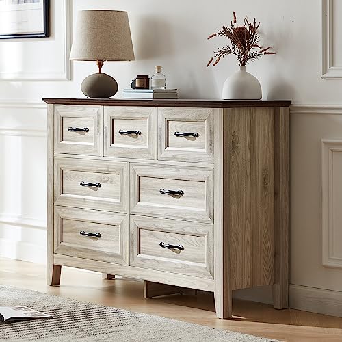 LINSY HOME Farmhouse Dresser for Bedroom, 9 Drawer Bedroom Dresser with Antique Handles, Wood Chest of Drawers for Nursery, Living Room