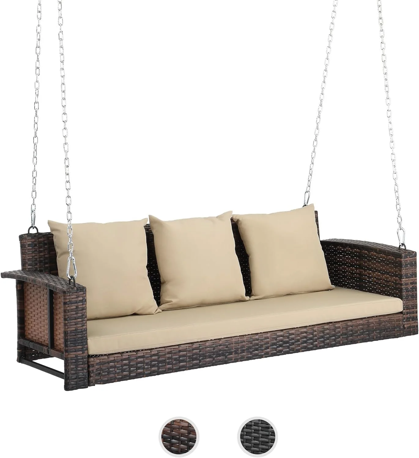 VINGLI 5 ft Rattan Outdoor Porch Swing, Heavy Duty 800 lbs Wicker Hanging Swing with Cushions for Porch, Yard, Balcony, Tree, Brown