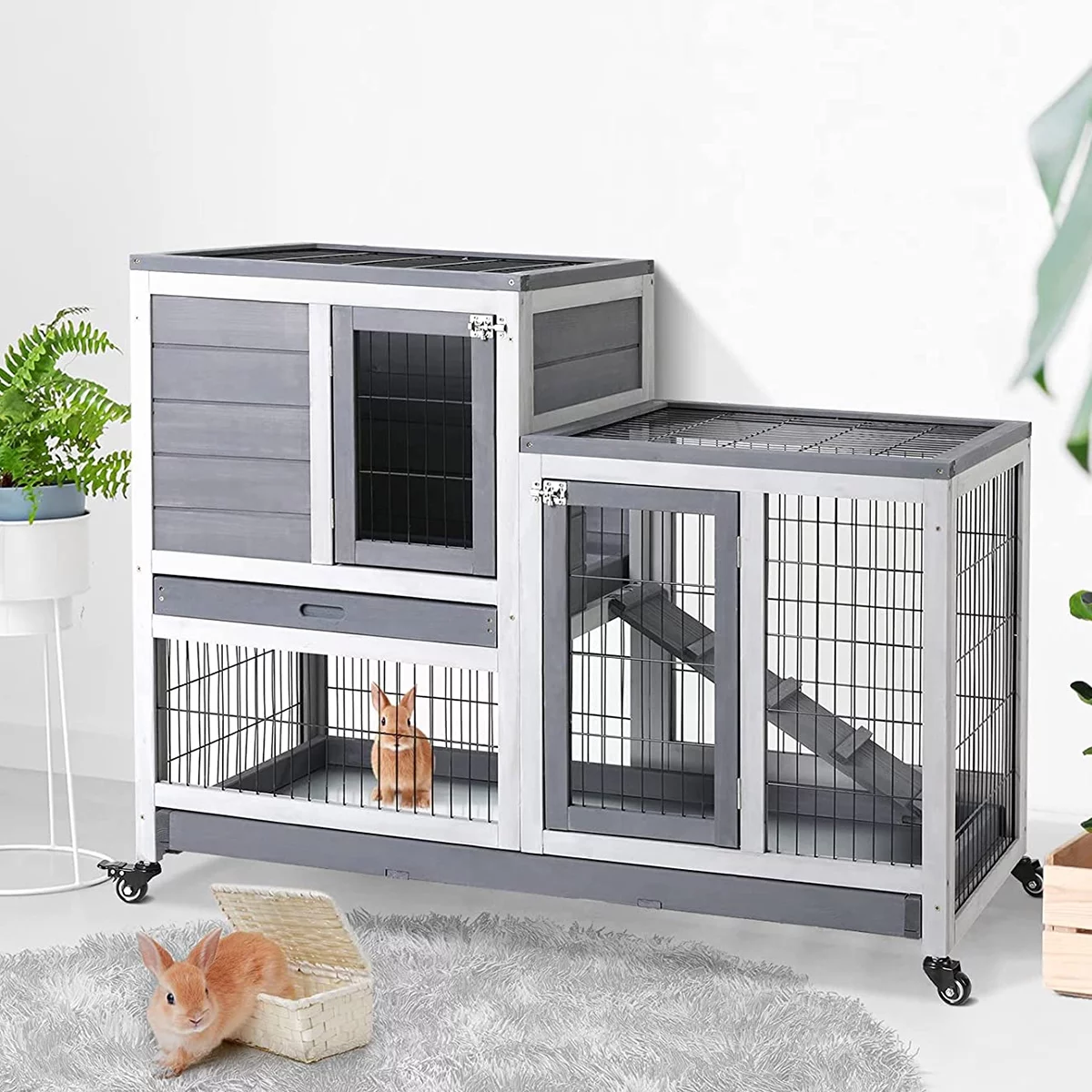 ZPL 43 Inch Rabbit Hutch, Wood Indoor Rabbit Cage Pet Cage with Wheel, Outdoor Large Rolling Bunny Hutch