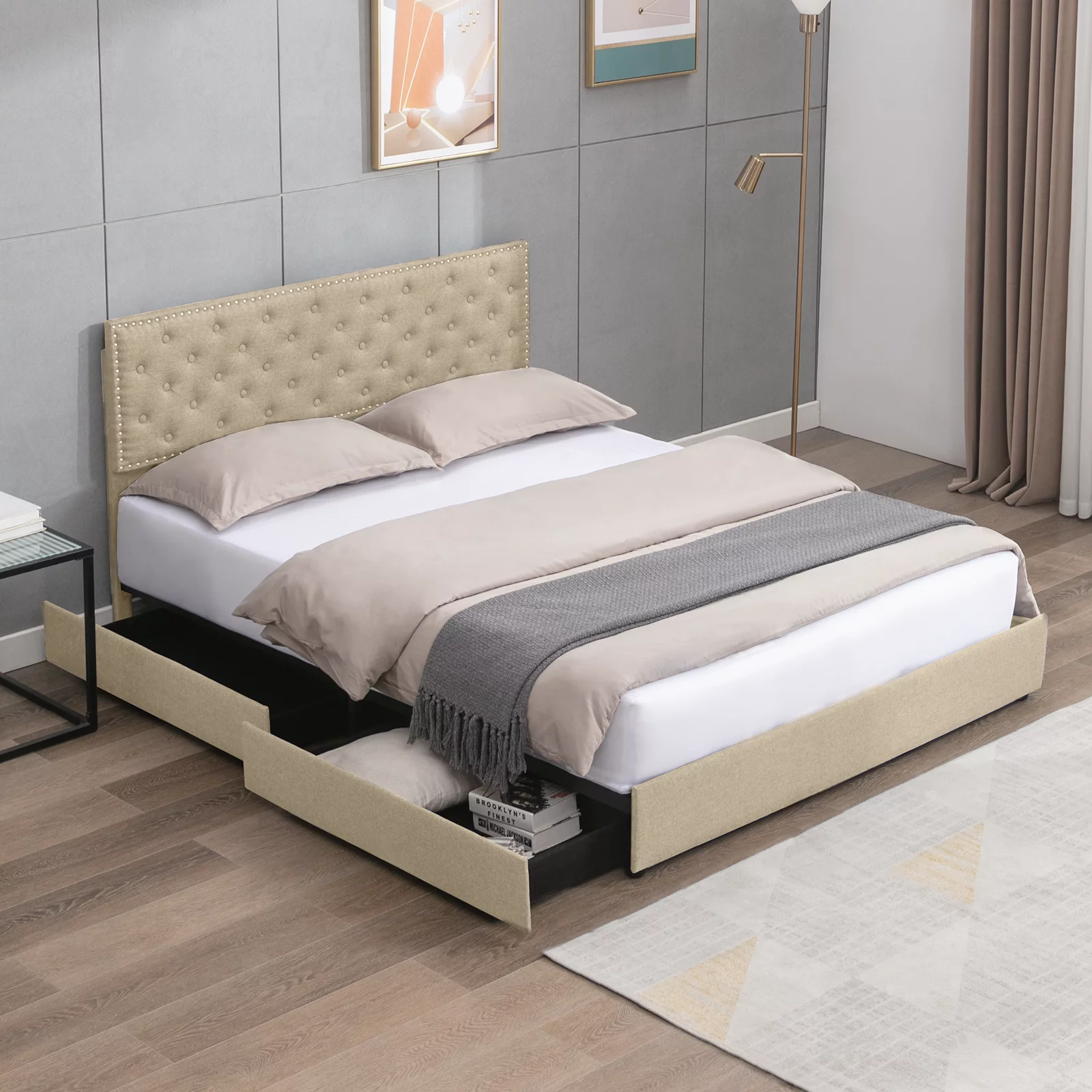 MUZZ Platform Bed Frame with 4 Large Storage Drawers, King Size Bed Frame with Adjustable Tufted Headboard, No Box Spring Needed, Wood Slats Support