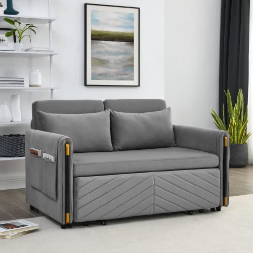 54" Modern Velvet Convertible Sofa Bed with 2 Detachable Arm Pockets, Velvet Loveseat Multi-position adjustable Sofa, Pull Out Bed with Bedhead