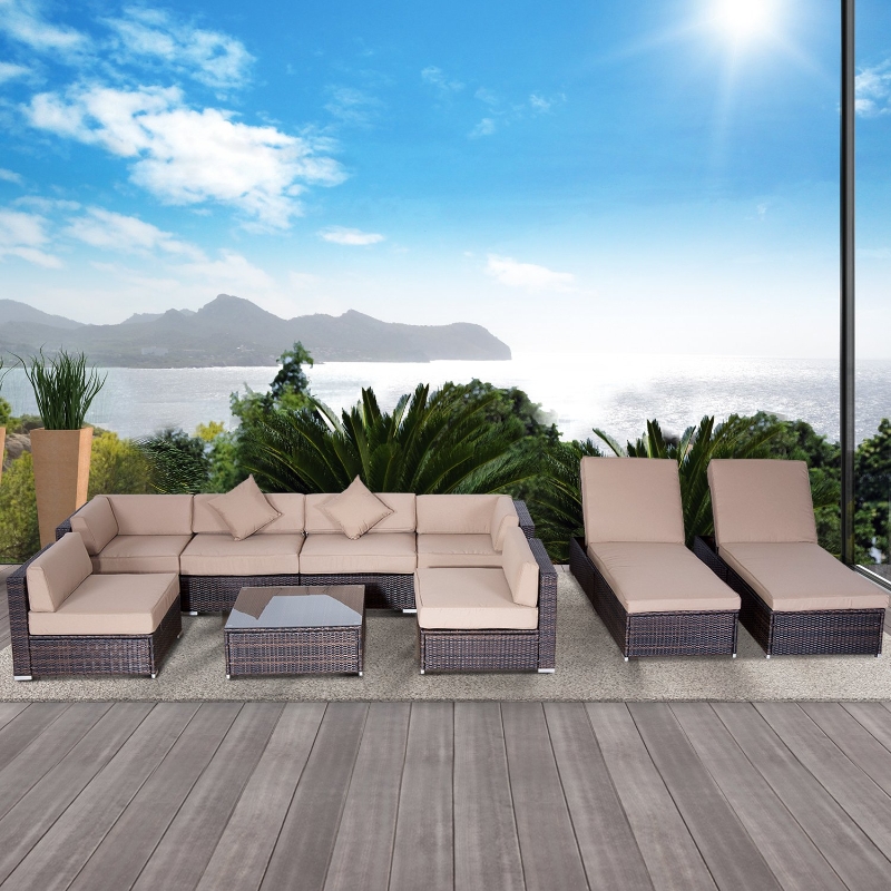 【Home&Garden】【Best Sellers】👍Outsunny 9pcs Outdoor Indoor Wicker Rattan Sofa Set Patio Furniture Garden Sectional Lounge Coffee