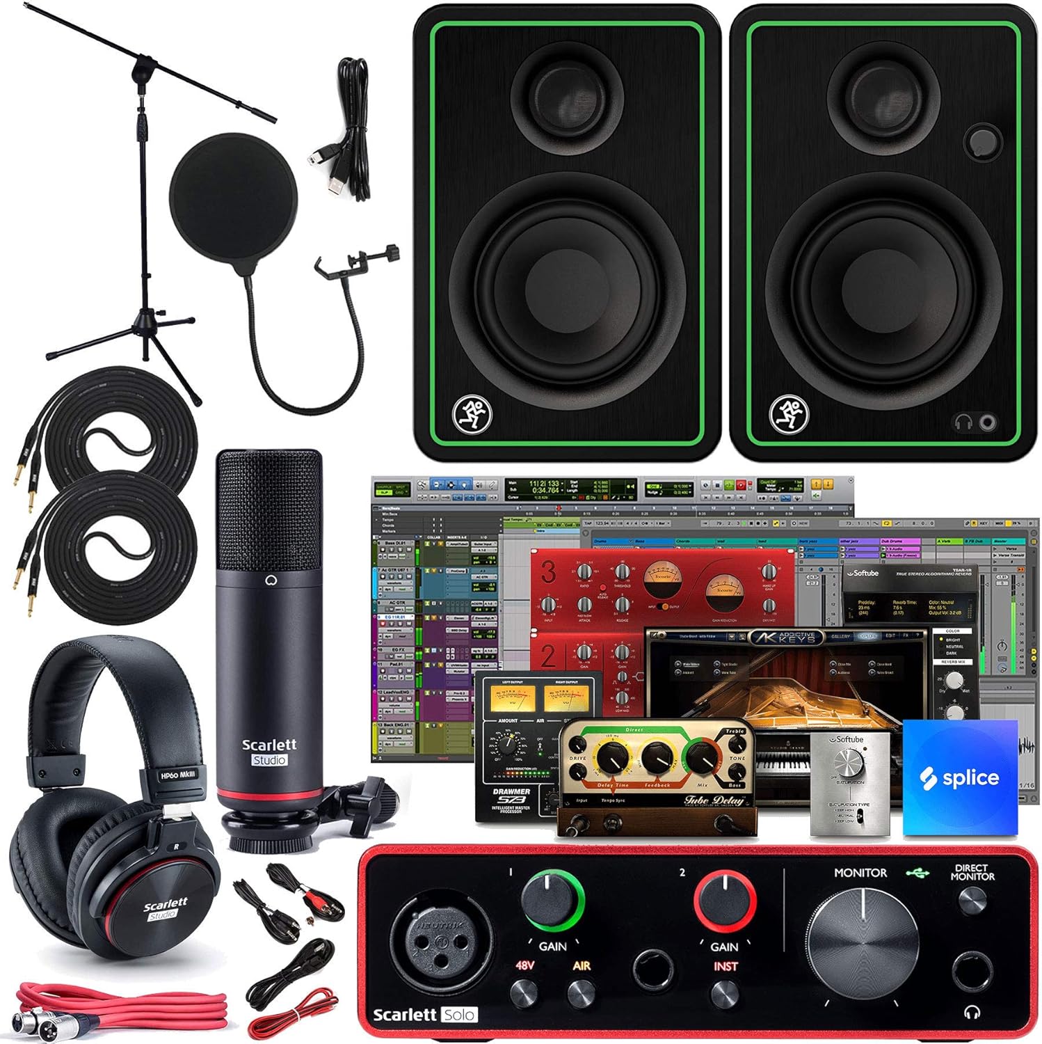 Focusrite Scarlett Solo Studio 3rd Gen USB Audio Interface and Recording Bundle with Monitors (Pair), Microphone Stand, 8mm TS Cable (2-Pack)