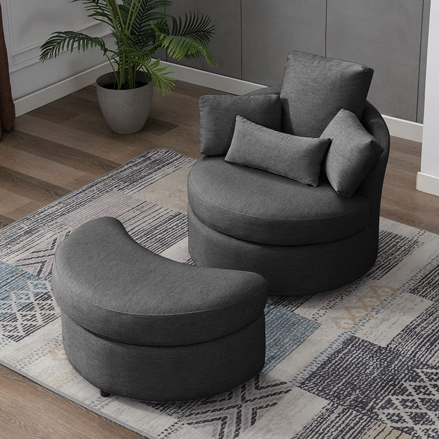 BALUS Modern Swivel Accent Barrel Sofa Chair, with Half Moon Storage Ottoman, Linen Fabric Leisure Round Chair