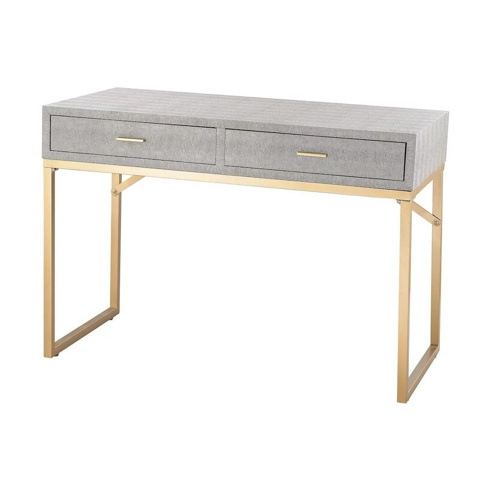 2-Drawer Art Deco Faux Shagreen Vintage Desk in Grey Finish with Golden Sled Legs 42 inches W and 32 inches H Bailey Street Home 2499-Bel-3334281