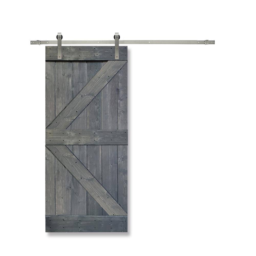 Calhome K Series 36 in. x 84 in. Gray Knotty Pine Wood Interior Sliding Barn Door with Stainless Steel Hardware Kit