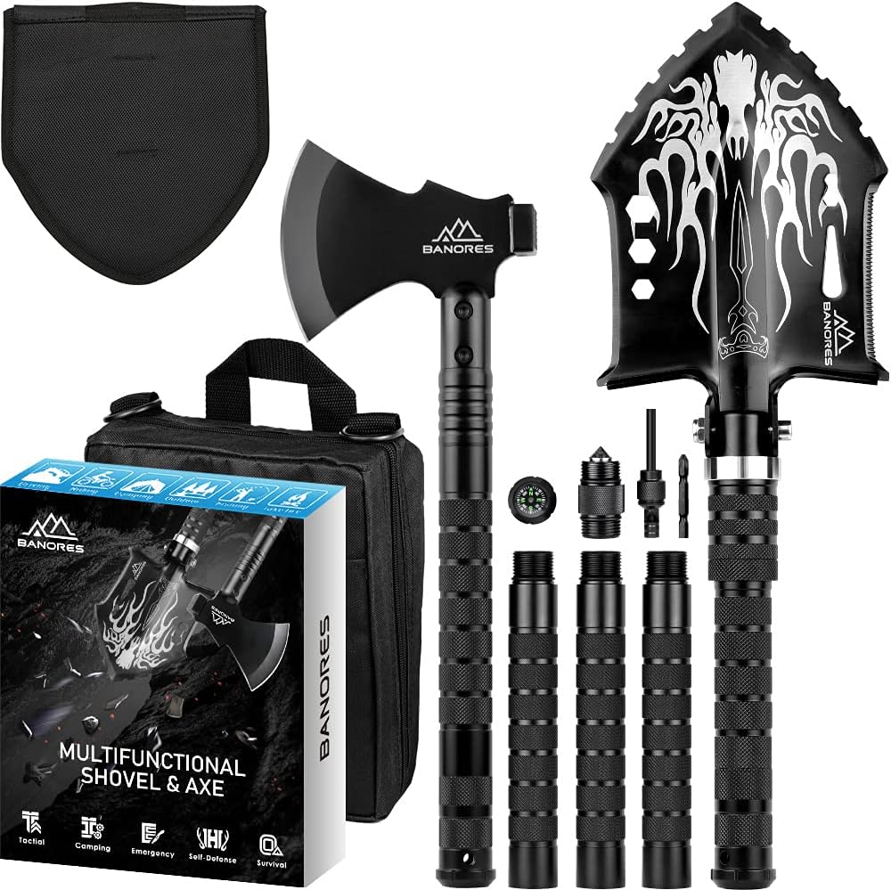 BANORES Camping Shovel 40.15-inch Survival Shovel Axe and Extended Handle Survival Axe High Carbon Stainless Steel with Storage Bag for Camping