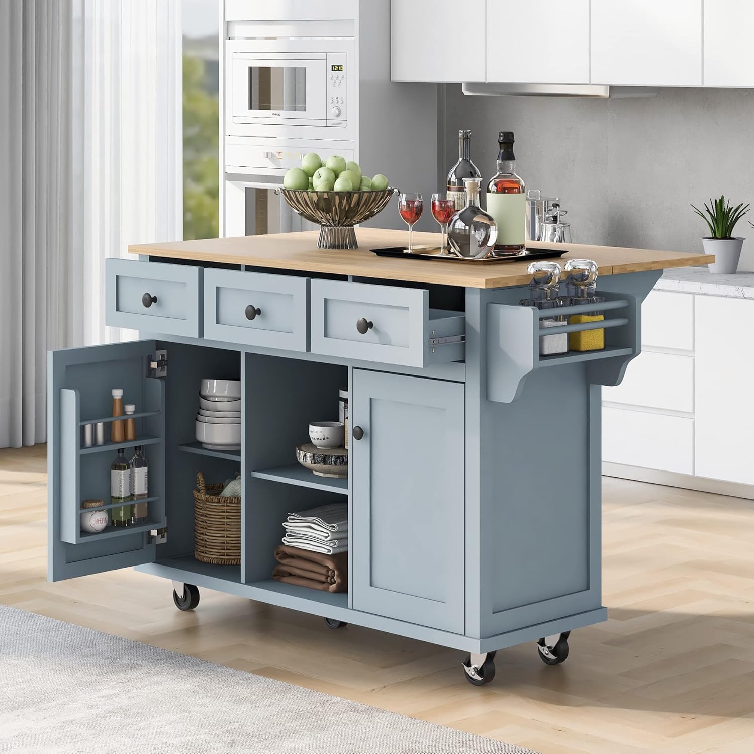 Kitchen Island Rolling Cart 2 Doors with 3 Drawers, Internal Storage Racks, Rubber Wood Drop-Leaf Countertop, Open Storage