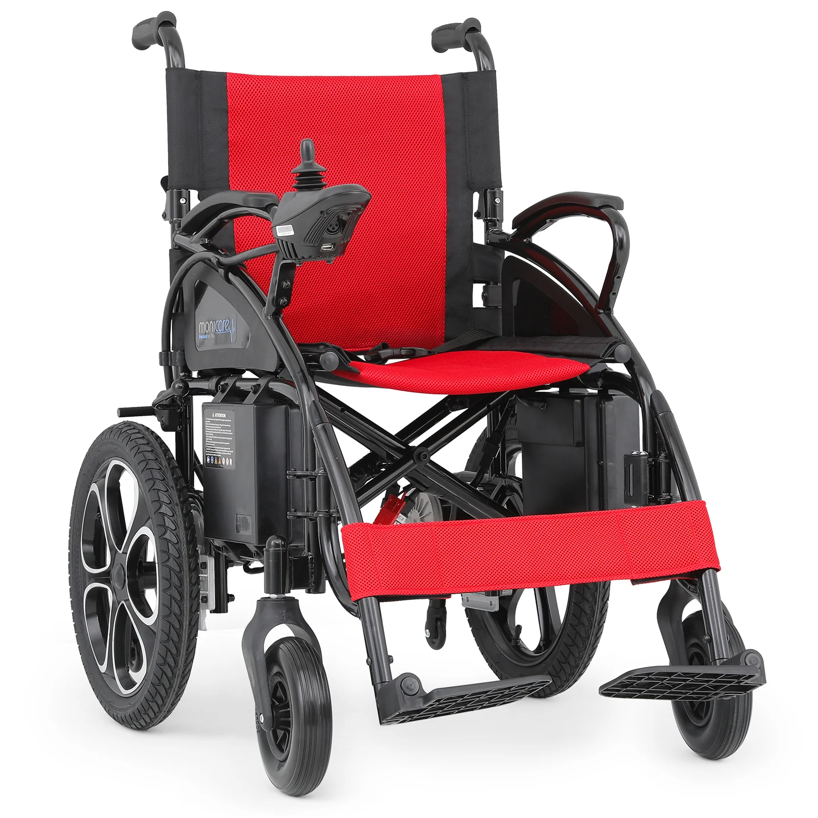 monicare Foldable Electric Wheelchair, 12 Miles Cruise Range, Motor Motorized Wheelchairs Power Wheel Chair w/Manual Brake, Red