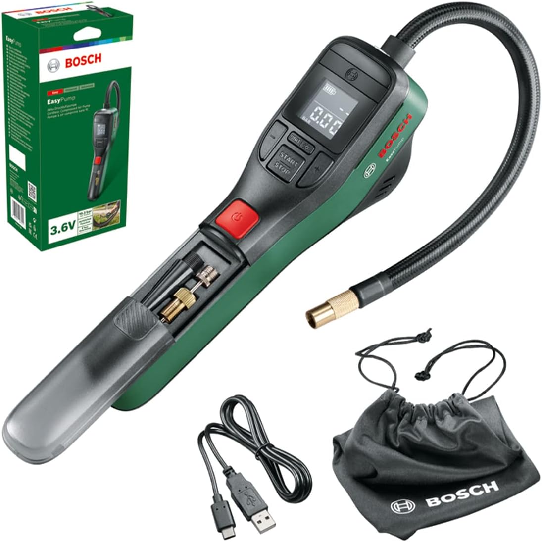 Bosch Home and Garden Electric Air Pump Mini Compressor EasyPump (3.0 Ah battery, 3.6 Volt, 150 PSI, 10.3 bar, LED, in carton packaging)
