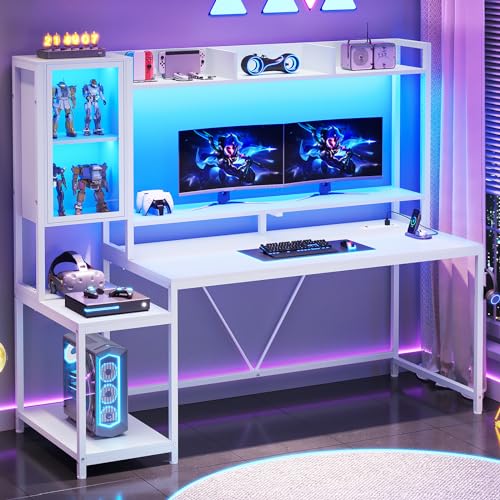 SEDETA Gaming Desk, 60'' Gaming Desk with Hutch and LED Lights, Computer Desk with Storage Shelves, Large PC Gamer Desk with Display Cabinet