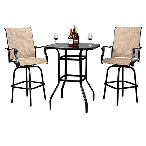 VINGLI Upgraded 3PCS Swivel Outdoor Bar Set Patio Bar Set Outdoor Bistro Set, 2 Swivel Bar Stools and Bar Table for Yard