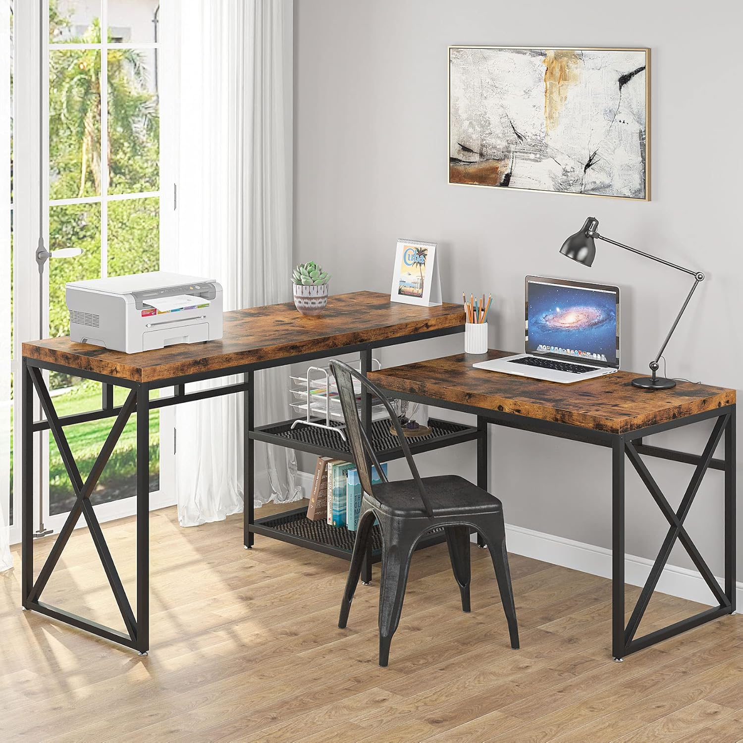 Tribesigns L Shaped Desk, Industrial Sit Stand L Desk with Storage Shelves, Rustic Corner Computer Office Desk for Home Office Pack of 2