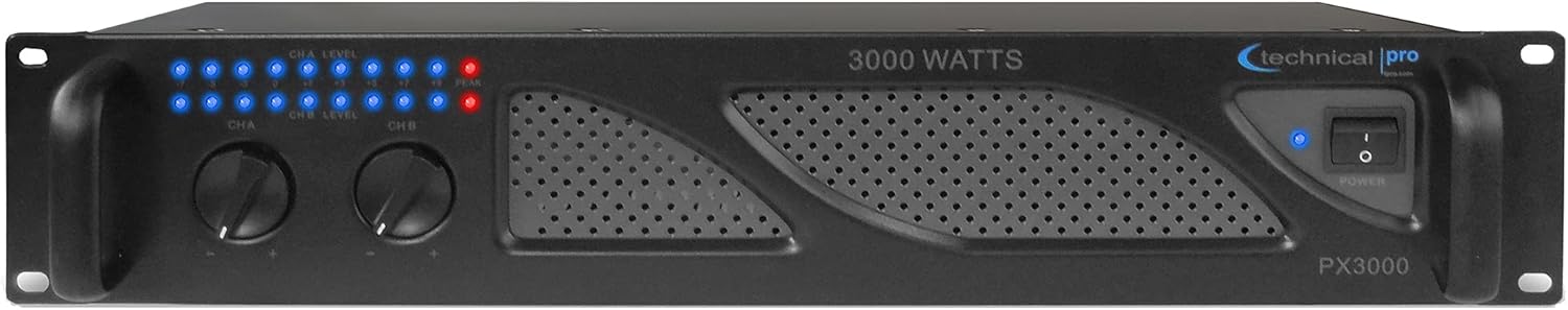 Technical Pro Professional 3000 Watts 2U 2-Channel DJ Power Amplifier with Dual Cooling Speed Fans and Integrated Power Stabilizer