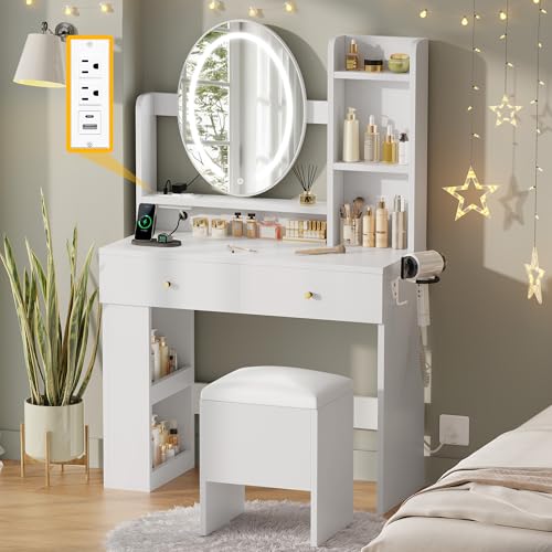 DWVO Vanity Desk with Mirror and Lights, Makeup Vanity Table Set with Power Outlets and Chair, 3 Lighting Colors