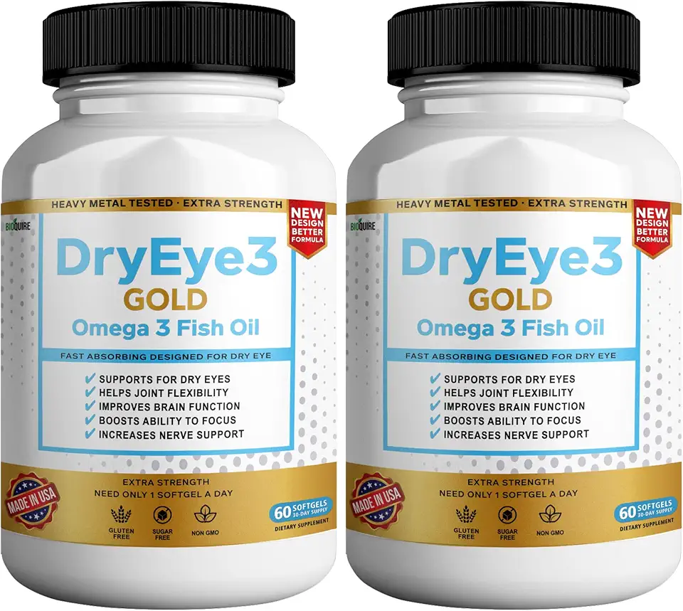 Dry Eye 3 Gold Omega 3 Fish Oil, Extra Strength, 180 Softgels, Dry Eye Support, Non-GMO, Gluten Free, Sugar Free (2) - Kansas Nuitrition - HNZSDS