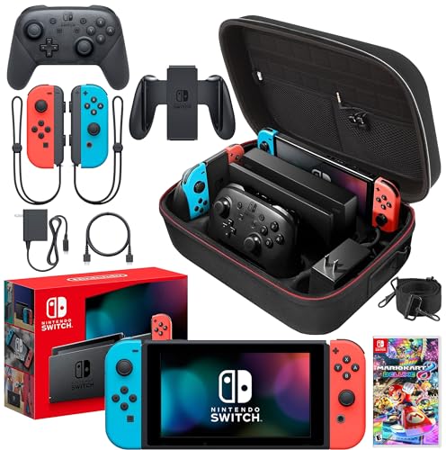 Nintendo Switch Neon Blue/Red with Mario Kart 8 Deluxe Bundle | Includes Wireless Pro Controller