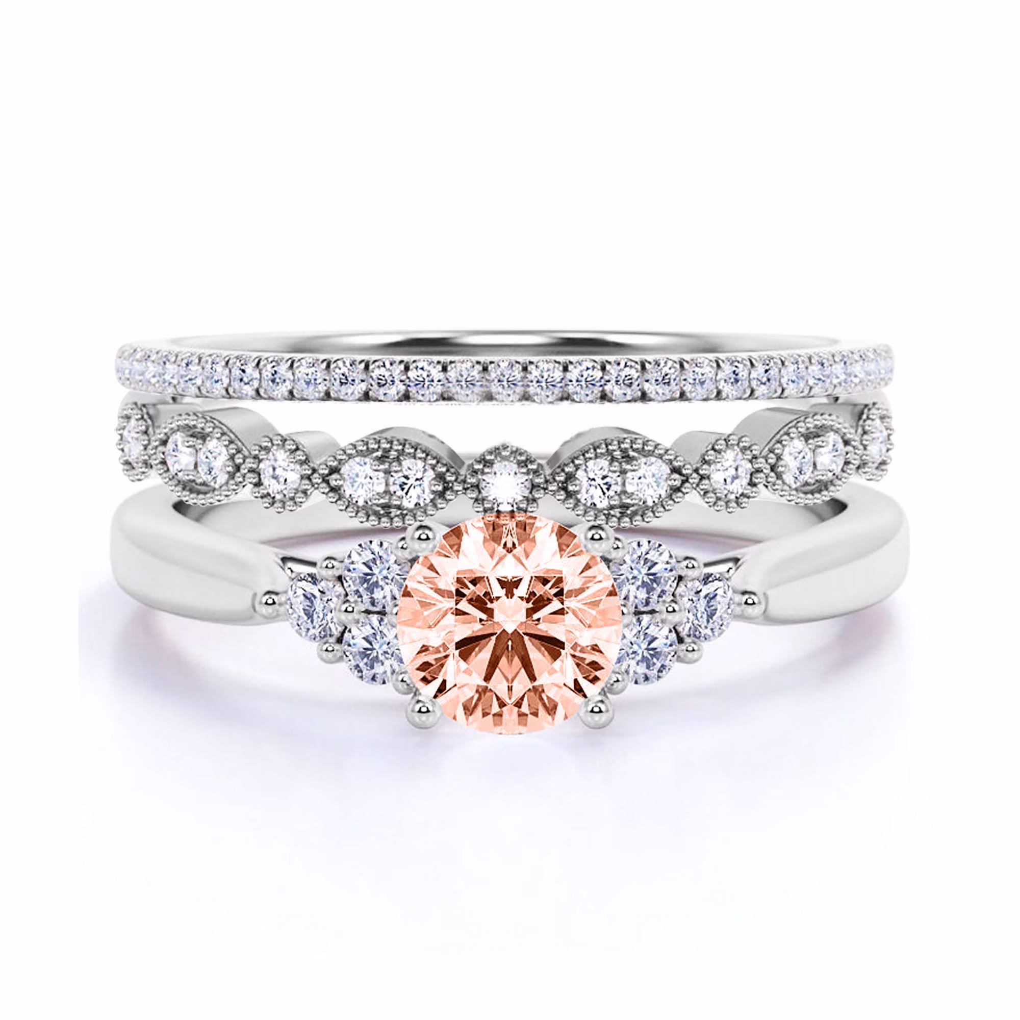 Dazzling Minimalist 2.25 Carat Round Cut, Affordable Morganite And Diamond Moissanite Engagement Ring, Wedding Ring