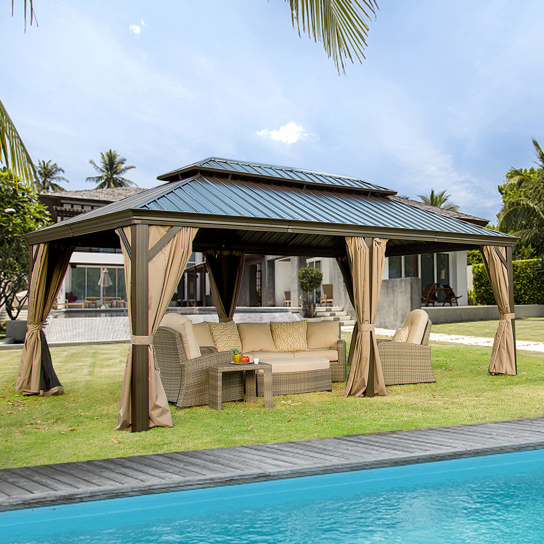 Mydepot Outdoor Aluminum Gazebo Canopy With Hardtop, Mosquito Netting, Curtains