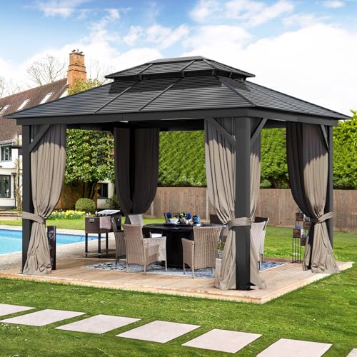 Hardtop Gazebo 10x12FT,Heavy Duty Metal Pavilion with 4.92'' Square Pillar,Aluminum Wood Grain Outdoor Gazebos Double Roof